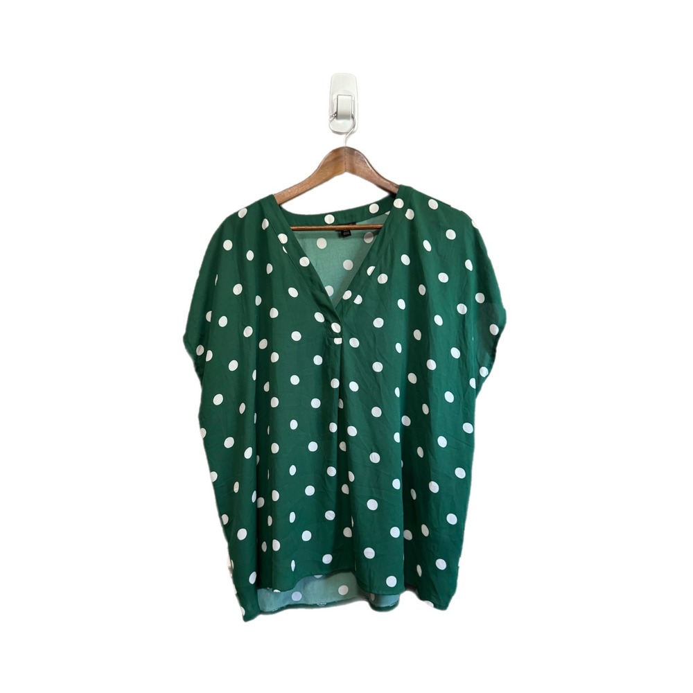 Ann Taylor Blouse Women XXL Green Excellent Polka Dot V-Neck Short Sleeve Top
